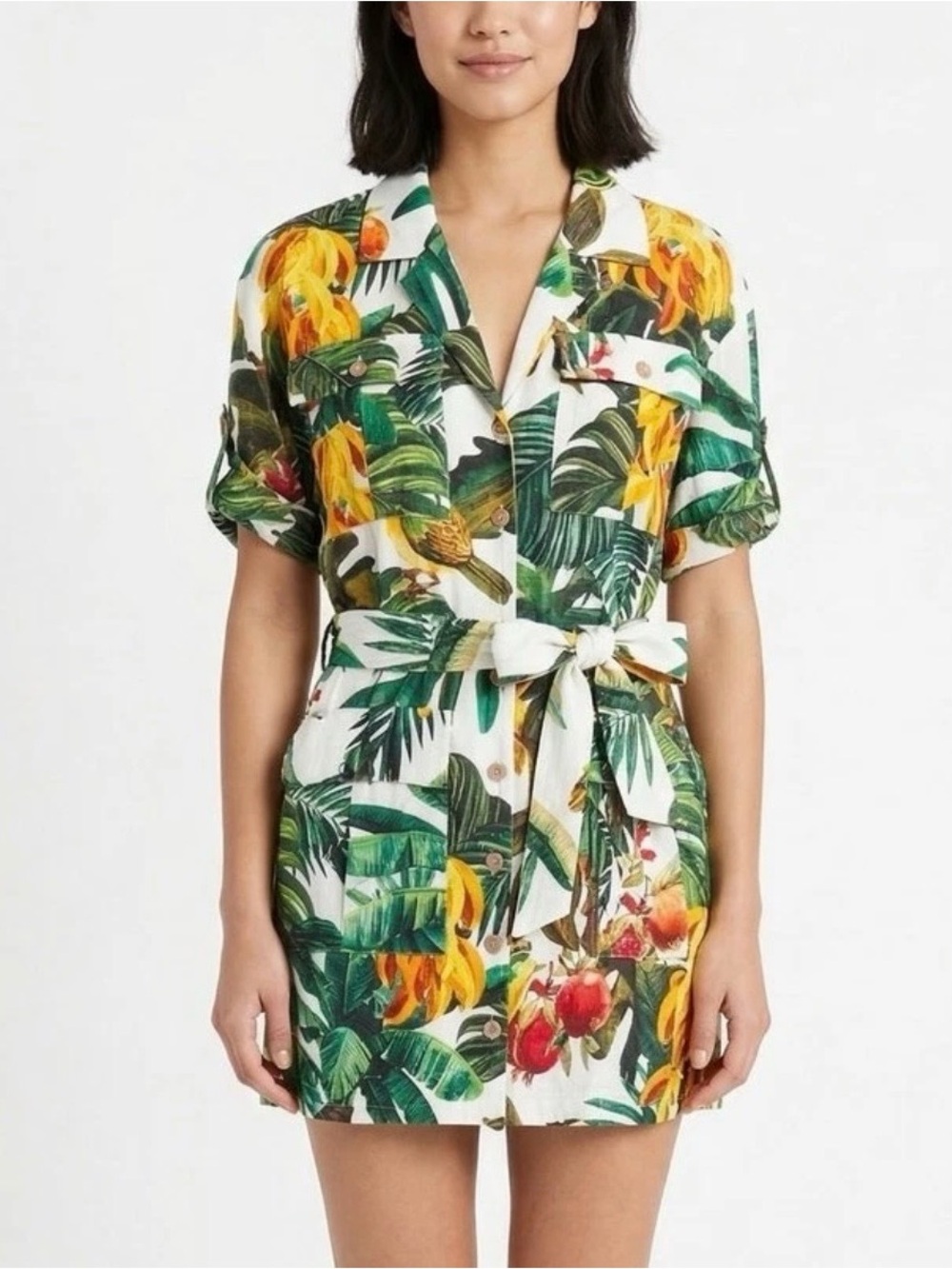 House of Harlow 1960 Linen Blend Tropical Mini Shirt Dress Size Small